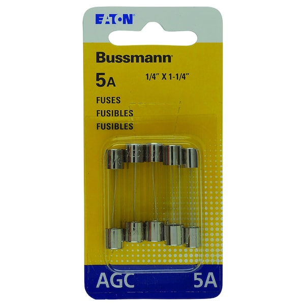 Eaton Bussmann Glass Fuse, AGC Series, Fast-Acting, 5A, 250V AC, 10kA at 125V AC, 200A at 250V AC, 5 PK BP/AGC-5-RP - main